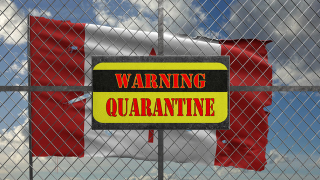 3d Illustration of iron gate with message "warning quarantine". Ragged Canadian flag is waving in the wind.