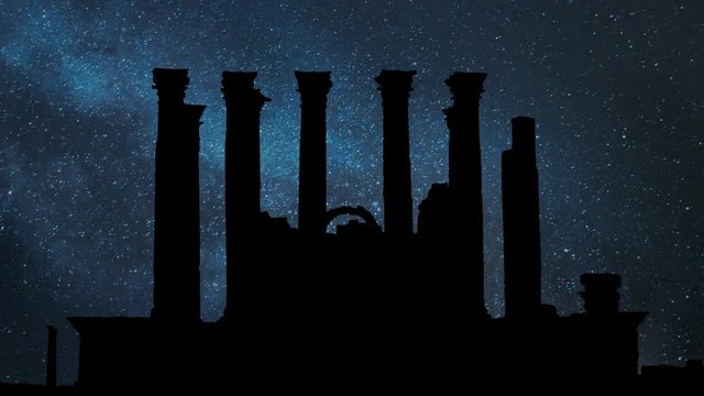 Temple of Artemis in Jerash, Time Lapse by Night with Stars, Milky Way and Historical Roman site in Jordan