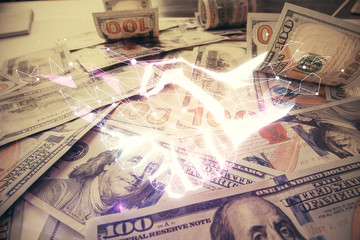 Double exposure of handshake drawing over usa dollars bill background. Partnership concept.