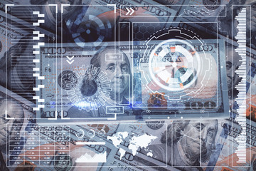 Double exposure of data theme drawing over us dollars bill background. Technology concept.