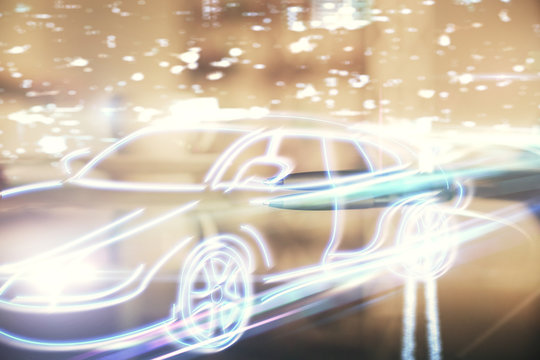 Double exposure of a car hologram over coffee cup background in office. Concept of autopilot
