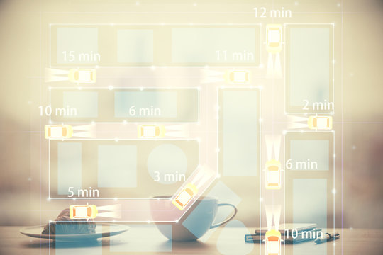 Double exposure of a car hologram over coffee cup background in office. Concept of autopilot