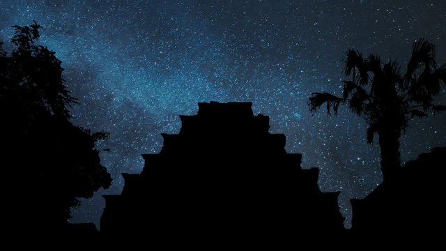 Mayan Piramides de los Nichos Time Lapse by Night with Stars and Milky Way, El Tajin Archeological Site, Mexico