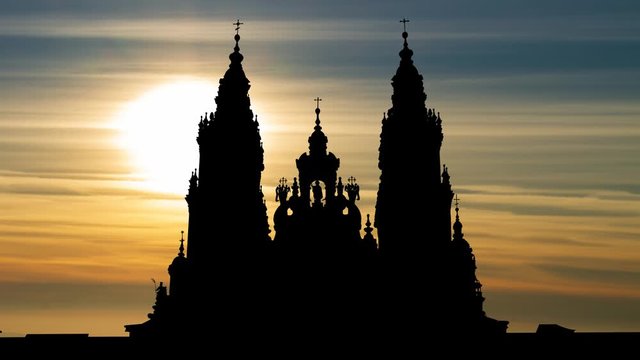 Cathedral of Santiago de Compostela, Time Lapse at Sunset, Saint James of Compostella, Spain