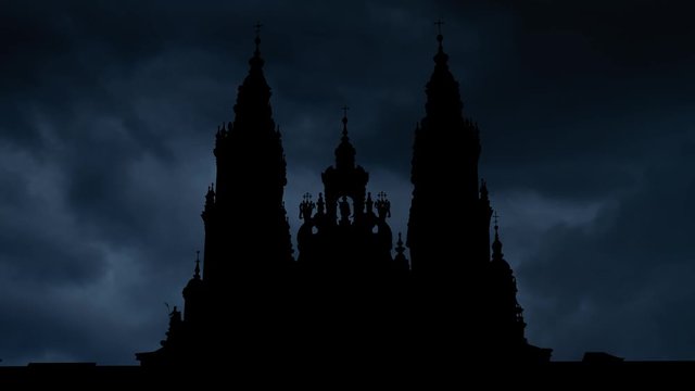 Santiago de Compostela: Lightning and Thunderstorm Flash over the Catholic Cathedral, Spain