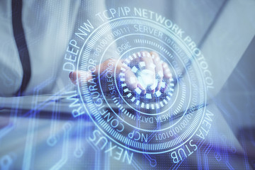 Multi exposure of woman hands working on computer and data theme hologram drawing. Tech concept.