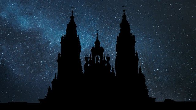 Cathedral of Santiago de Compostela, Time Lapse by Night with Stars and Milky Way in Background, Spain