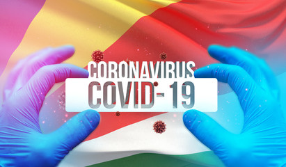 Medical Concept of pandemic Coronavirus COVID-19 outbreak with backgroung of waving national flag of Seychelles. Pandemic 3D illustration.