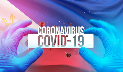 Medical Concept of pandemic Coronavirus COVID-19 outbreak with backgroung of waving national flag of Philippines . Pandemic 3D illustration.