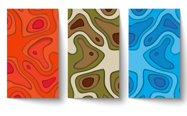 Set of paper cut multi color background. Abstract decoration. Wavy pattern with holes. Red, blue and brown waves Cover template, geometric shapes, modern minimal banner.