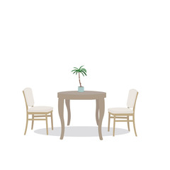 2d with two chairs on white background for decoration design. Desk space concept. Vector design. Wooden table. Business background. White background isolated. Home decor.