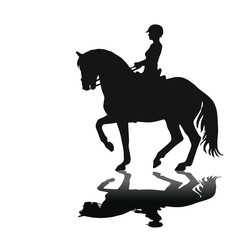 a woman riding a prancing horse, black silhouette and shadow, monochrome isolated image on a white background for decoration