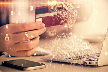 Multi exposure of woman on-line shopping holding a credit card and tech theme drawing. Technology concept.