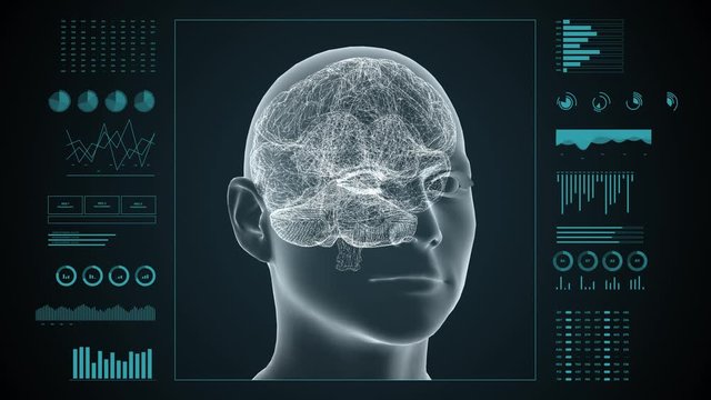 Medical UHD abstract animation. Laboratory dashboard interface. Human brian study on diagnostic computer display.