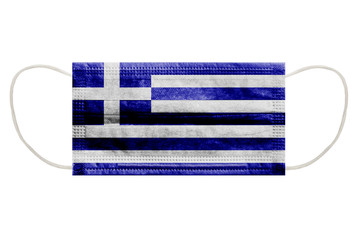Virus mask with flag of Greece on isolated white background. Symbol of protection against coronavirus infection.