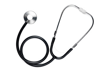 medical device, stethoscope, black lies on a white isolated background. Horizontal frame