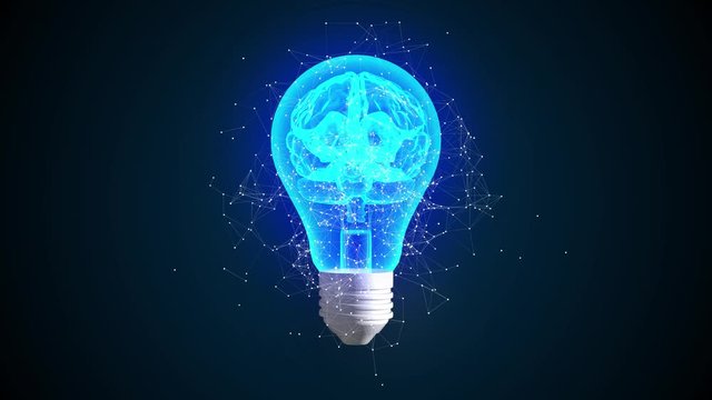 Creative idea concept. Brain in lightbulb animation 3d. Symbol of innovative solution.