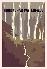 Poster Honokohau Waterfall landscape. Honokohau-Waterfall vector illustration.