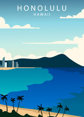 Poster Honolulu landscape. Honolulu vector illustration.