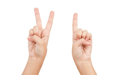 Woman hand showing fingers; Photo on white background.
