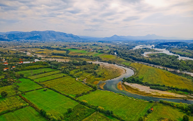 Shkoder Drin and Kir rivers nature in Albania panoramic aerial view