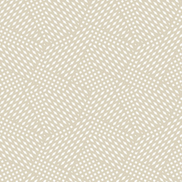 Vector geometric seamless pattern. Abstract graphic background with crossing diagonal lines, stripes, small elements. Subtle golden texture. Modern linear background design. White and beige grid