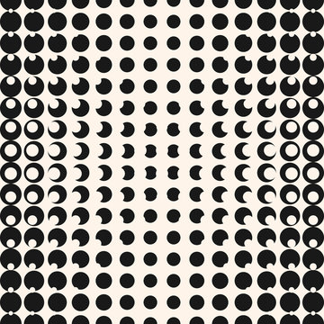 Vector geometric halftone seamless pattern with circles, dots. Monochrome black and white texture. Abstract repeat background with radial gradient transition. Optical illusion effect. Hipster design