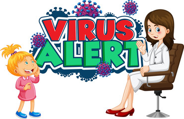 Obraz na płótnie Canvas Font design for word virus alert with girl and doctor on white background