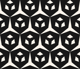 Vector geometric seamless pattern with diamond shapes, triangles, hexagonal grid, lattice. Simple abstract monochrome ornament texture. Modern repeat black and white background. Decorative design