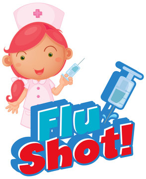 Font design for word flu shot with nurse and needles