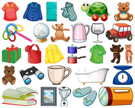 Large set of household items and many toys on white background