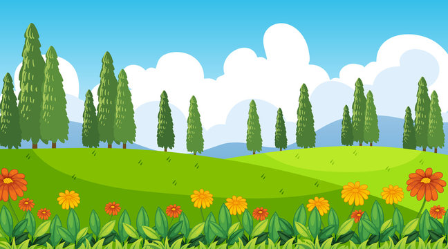 Nature scene background with flowers on the hills