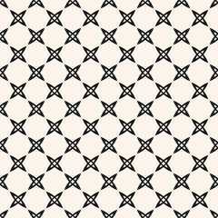 Vector monochrome geometric seamless pattern with small crosses, abstract flowers, grid. Simple black and white minimalist texture. Modern minimal background. Repeat design for decor, fabric, print
