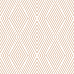 Vector geometric lines seamless pattern. Subtle texture with stripes, thin diagonal lines, tapes, chevron, rhombuses. Abstract white and beige graphic design. Simple background. Modern repeat design