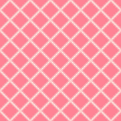 Vector geometric seamless pattern with fading rhombuses, diamonds, net, grid, repeat tiles. Halftone gradient transition effect. Elegant pink background. Modern abstract mesh texture. Repeat design