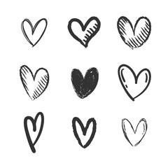Set of hand drawn hearts. Heart doodles illustration collection. Symbol of love, health and care.
