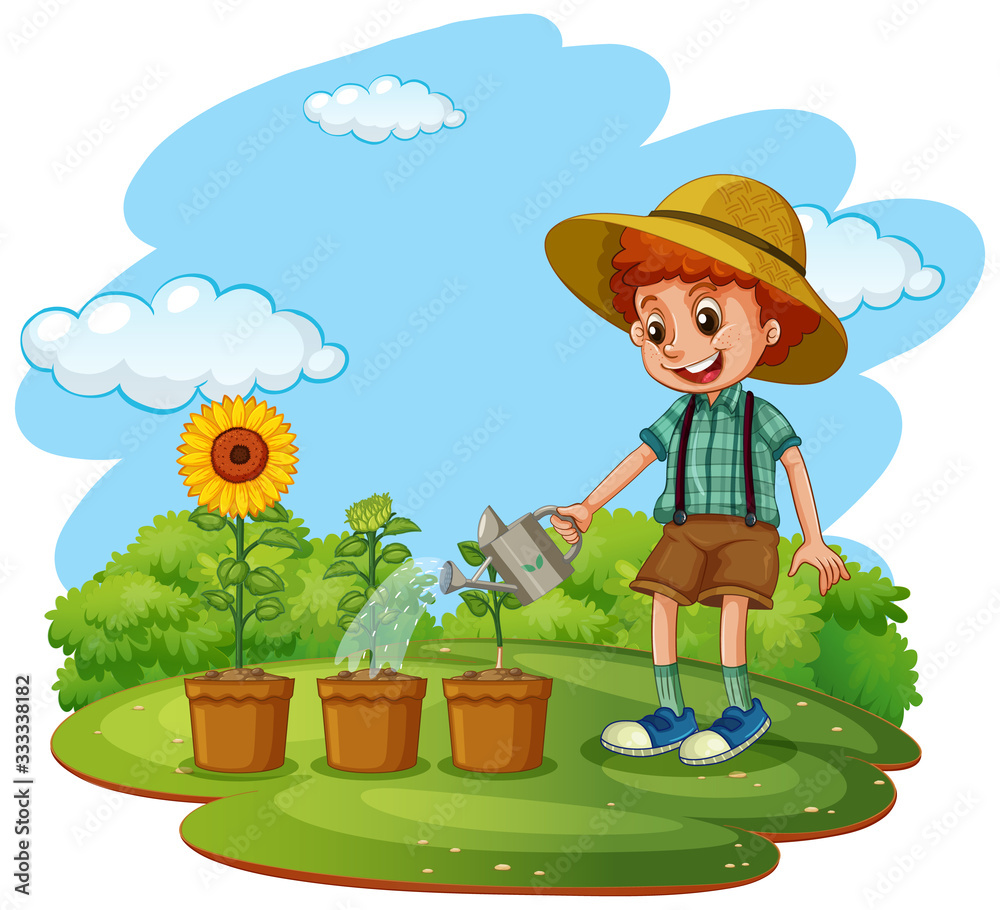 Wall mural scene with kid planting trees in the garden