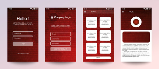 Design of mobile app, UI, UX, GUI. Set of user registration screens with login and password input, account sign in, sign up, home page. Modern Style. Minimal Application. UI Design Template. Interface