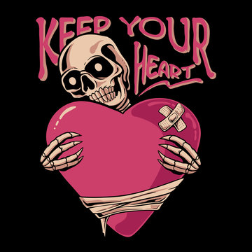 Skull holding love illustration. Skeleton hugging heart. Keep your heart 