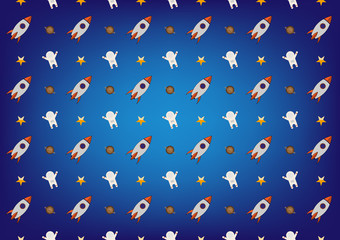 The vector abstract pattern of kids science design, rocket, stars, astronauts and Saturn background. The concept through rocket icons is perfect for backgrounds, website wallpaper and kids' rooms.