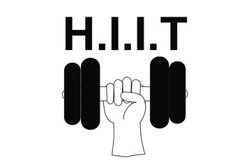 Illustration vector of hand holding dumbbell with word HIIT (high intensity interval training) healthy lifestyle concept.