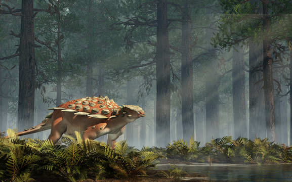 Gargoyleosaurus was an early ankylosaur of the late Jurassic period. It was an armored herbivore, a quadruped with spikes along the side. In a forest. 3D Rendering 