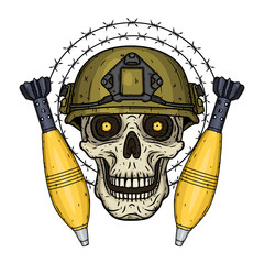 Soldier skull. Skull in helmet with mortar shells and barbed wire.
