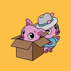 Illustration of Pig Wearing a Hat While Waving and Pig Hiding In a Box Cartoon, Cute Funny Character, Flat Design