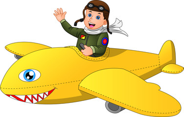 Happy kid boy riding a plane