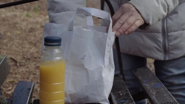 Unpacking Healthy Packed Lunch On Park Bench Medium Shot