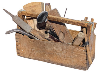 Vintage WoodenTool Box Full of carpentry Tools. Isolated on a white background