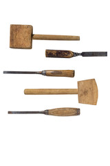 Three old chisels and Two old wooden mallet. Isolated on a white background