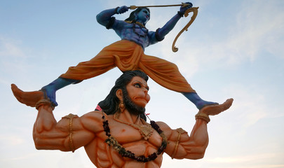 View of Hanuman holding Hindu god rama on hands in a temple