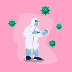 Basic RGB ilustration vector graphic of Vaccine and syringe injection. Tired and sick doctor is finding cure for corona virus